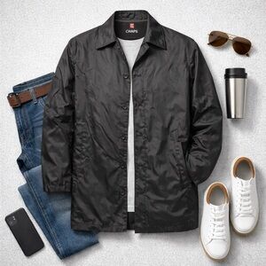 CHAPS | Black Lightweight Rain Jacket | Button Front | Classic Coat | Size L